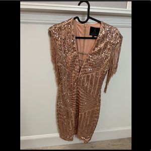 Rose gold fringe shoulder sequin mini dress